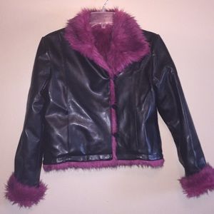 WET SEAL Black Faux Leather Jacket Pink Fuzz Small